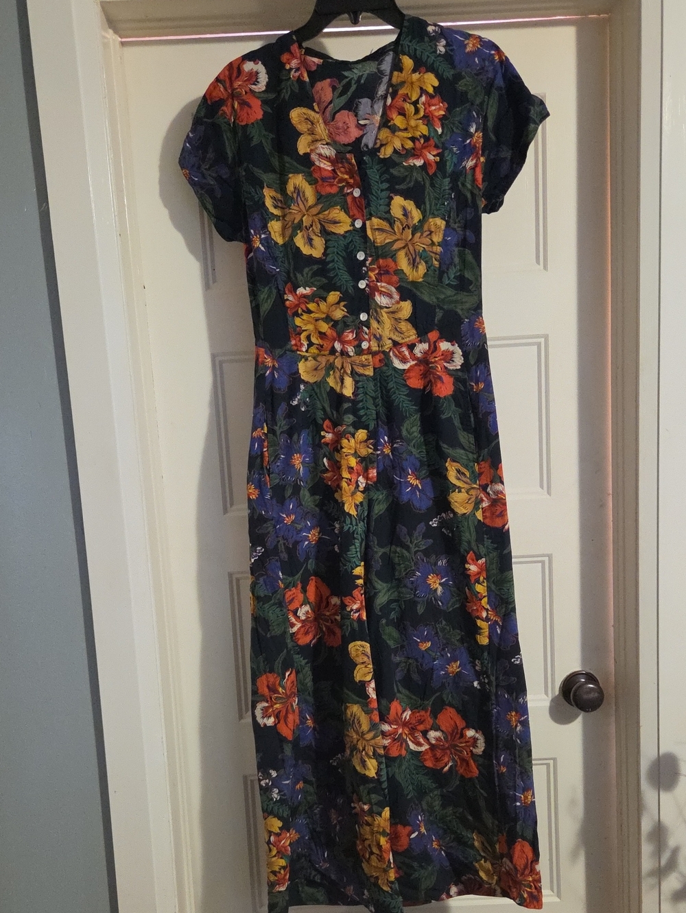 (#56) Floral Button-Front Romper in Navy with Multicolor Blooms